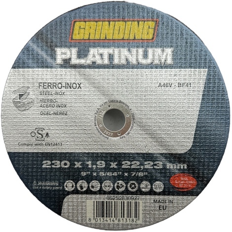 Disco  abrasivo  taglio  ferro  platinum  grinding - Mm  230x22,2  h.mm  1,9  piano