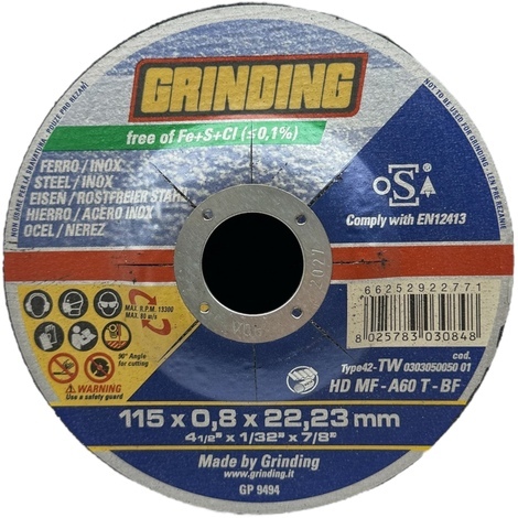 Disco  abrasivo  taglio  ferro   grinding - Mm  115x22,2  h.mm  0,8 centro depresso