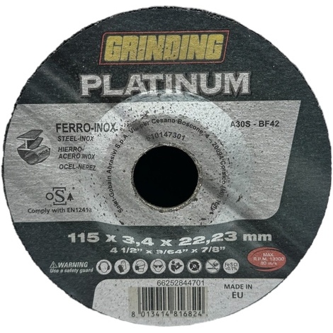 Disco  abrasivo  taglio  ferro  platinum  grinding - Mm  115x22,2  h.mm  3,4 centro depresso