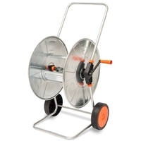 Carrello avvolgitubo con ruote in plastica, adatto a medie superfici; rullo e telaio in acciaio zincato per tubo 100 m da 1/2