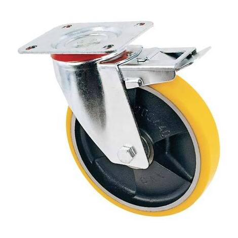 Ruota  a  forcella  girevole  +  fermo  24  avo - A/zincr/pol.gial  d/ghisa  d.mm  150x30  p.mm  100x85