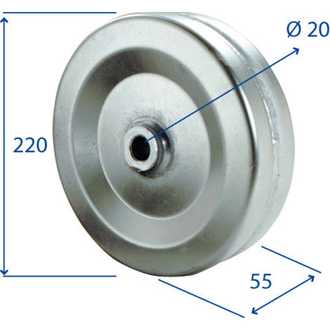 RUOTA IN LAMIERA C/BOCCOLA 220X55 D.20